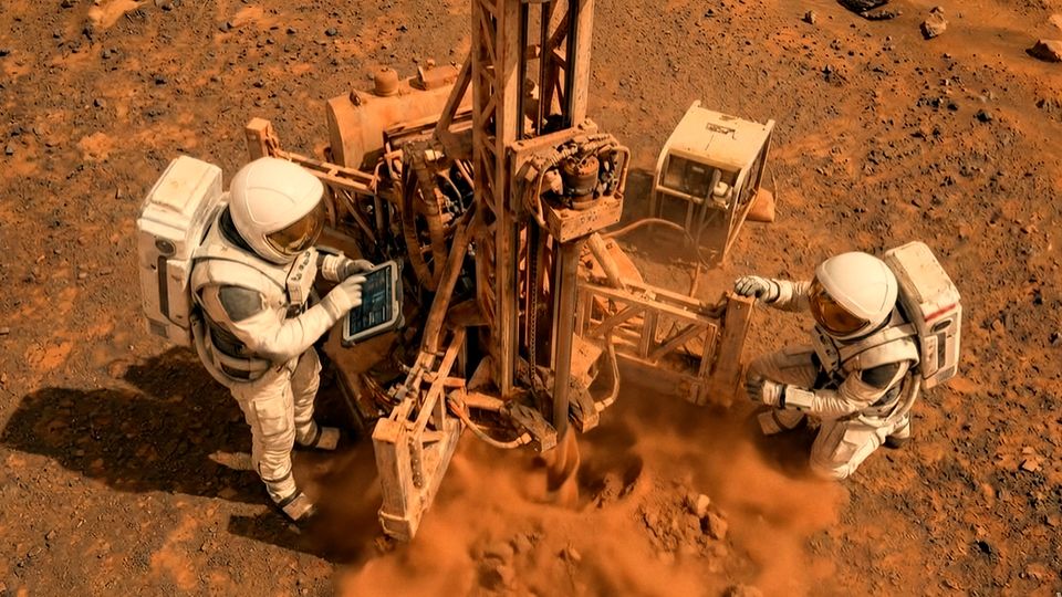Astronauts at a drill site